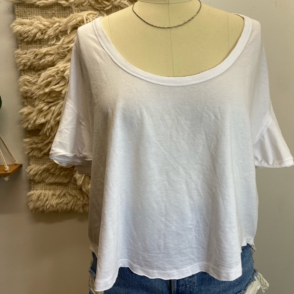 Free People  Loose Sleeves Top Crew Tee Lightweight T-Shirt White Cotton Blend - Picture 2 of 14
